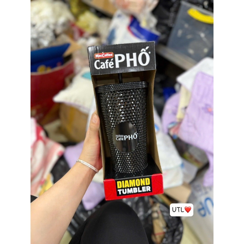 ☕️☕️Ly Kim cương cà phê phố màu đen Dung tích 700ml ly nhựa 2 lớp tặng kèm ống hút