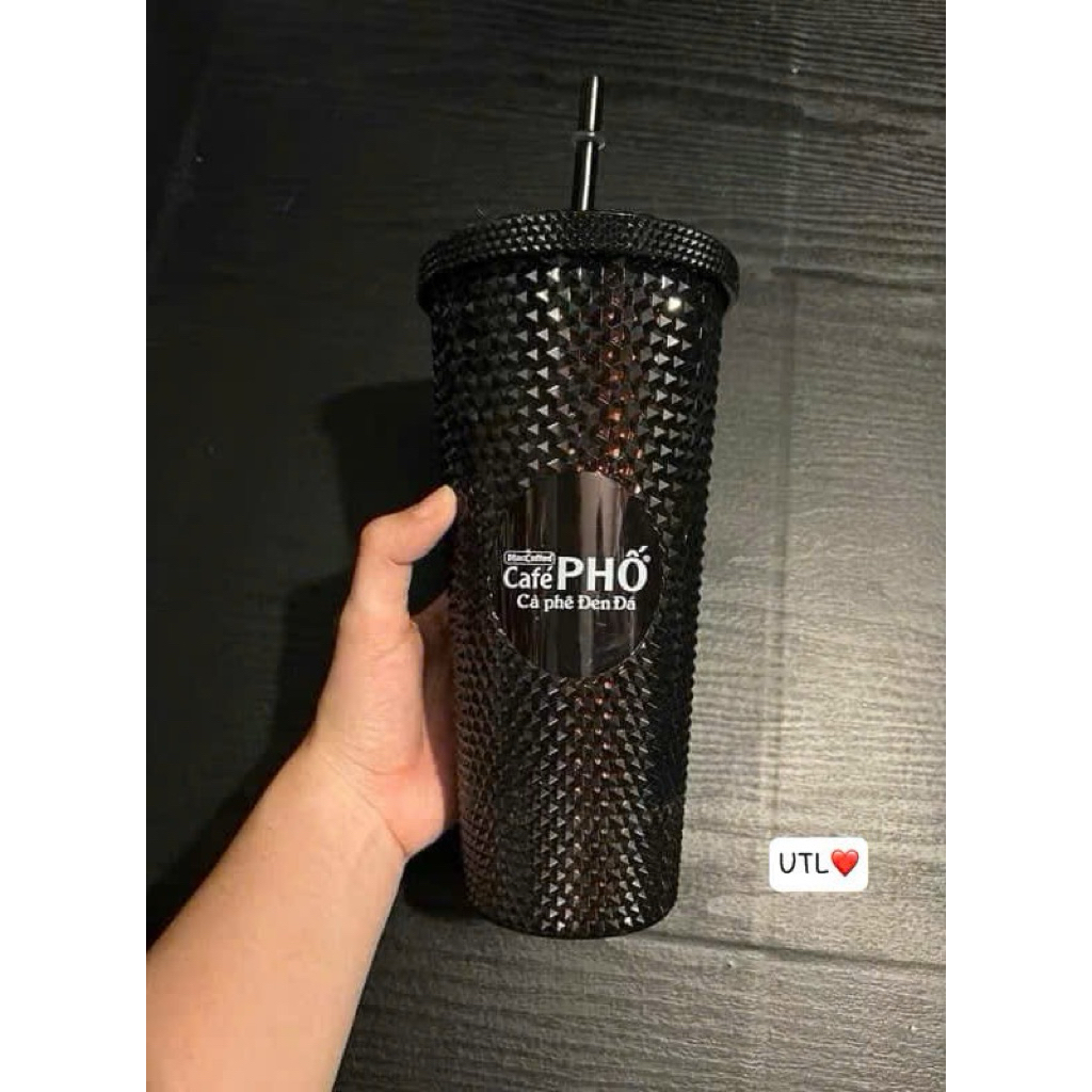 ☕️☕️Ly Kim cương cà phê phố màu đen Dung tích 700ml ly nhựa 2 lớp tặng kèm ống hút