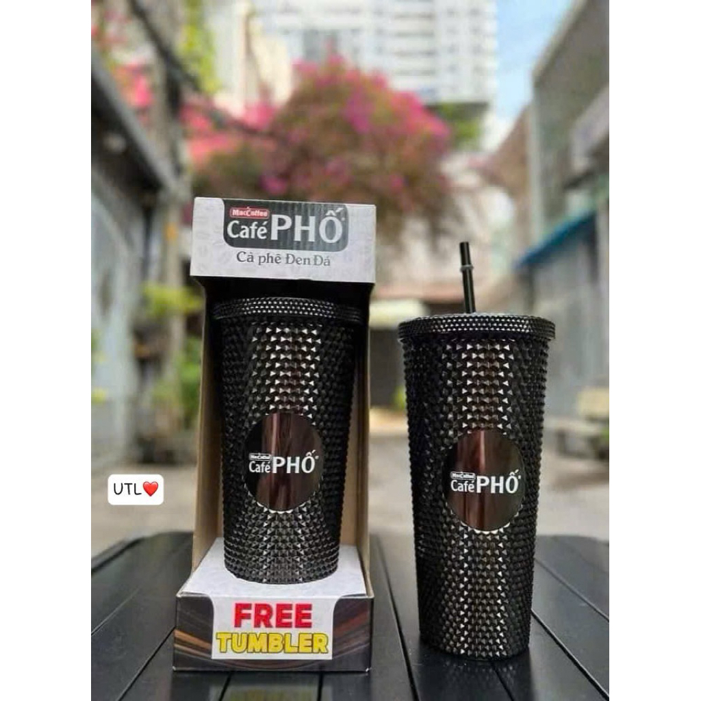 ☕️☕️Ly Kim cương cà phê phố màu đen Dung tích 700ml ly nhựa 2 lớp tặng kèm ống hút