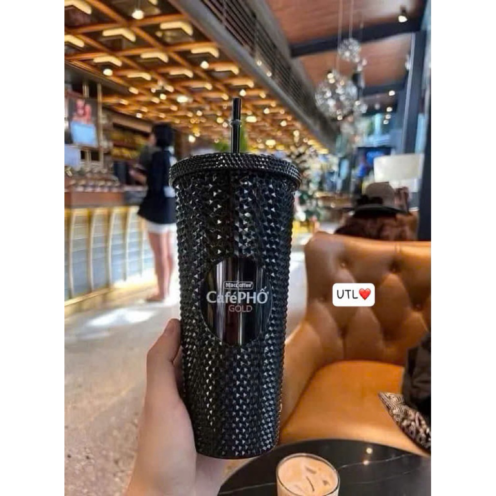 ☕️☕️Ly Kim cương cà phê phố màu đen Dung tích 700ml ly nhựa 2 lớp tặng kèm ống hút