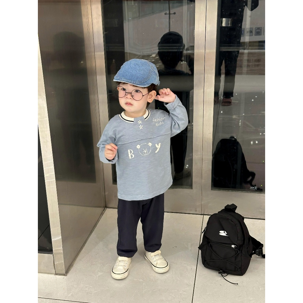 Set bộ dài tay bé trai thu đông hoạ tiết gấu cute, chất vải cotton mềm mịn co giãn Miniumbaby SB2045