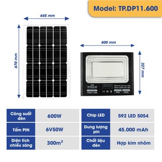Ảnh 2 – Đèn Pha Năng Lượng Mặt Trời TP SOLAR 200W, 300W, 600W Chiếu Sáng 100-300m2, Vỏ Hợp Kim Nhôm, Sáng Xuyên Đêm