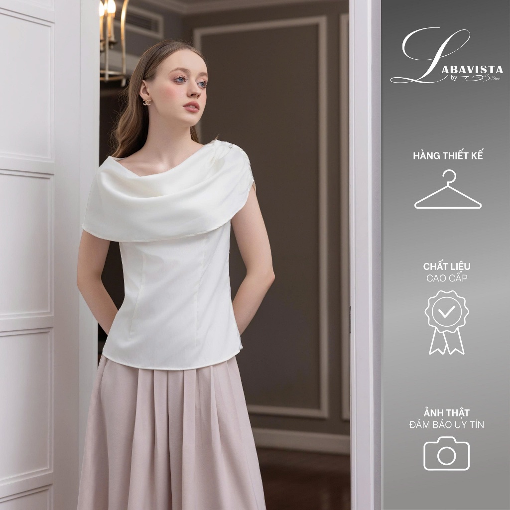 LABAVISTA Áo kiểu nữ vải lụa kem cổ đổ cách điệu phom tôn dáng thanh lịch
