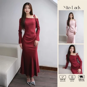 Váy Lụa Lệch Vai Dài Tay Dáng Đuôi Cá – Lụa Hàng Châu Hai Mặt Cao Cấp, Có Khoá Sườn MioLady VA021