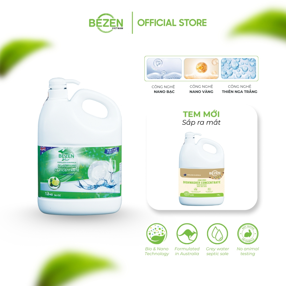 Nước Rửa Chén Bát BEZEN 1.6kg Nano Bạc Kháng Khuẩn Enzyme Lành Tính Sạch Dầu Mỡ