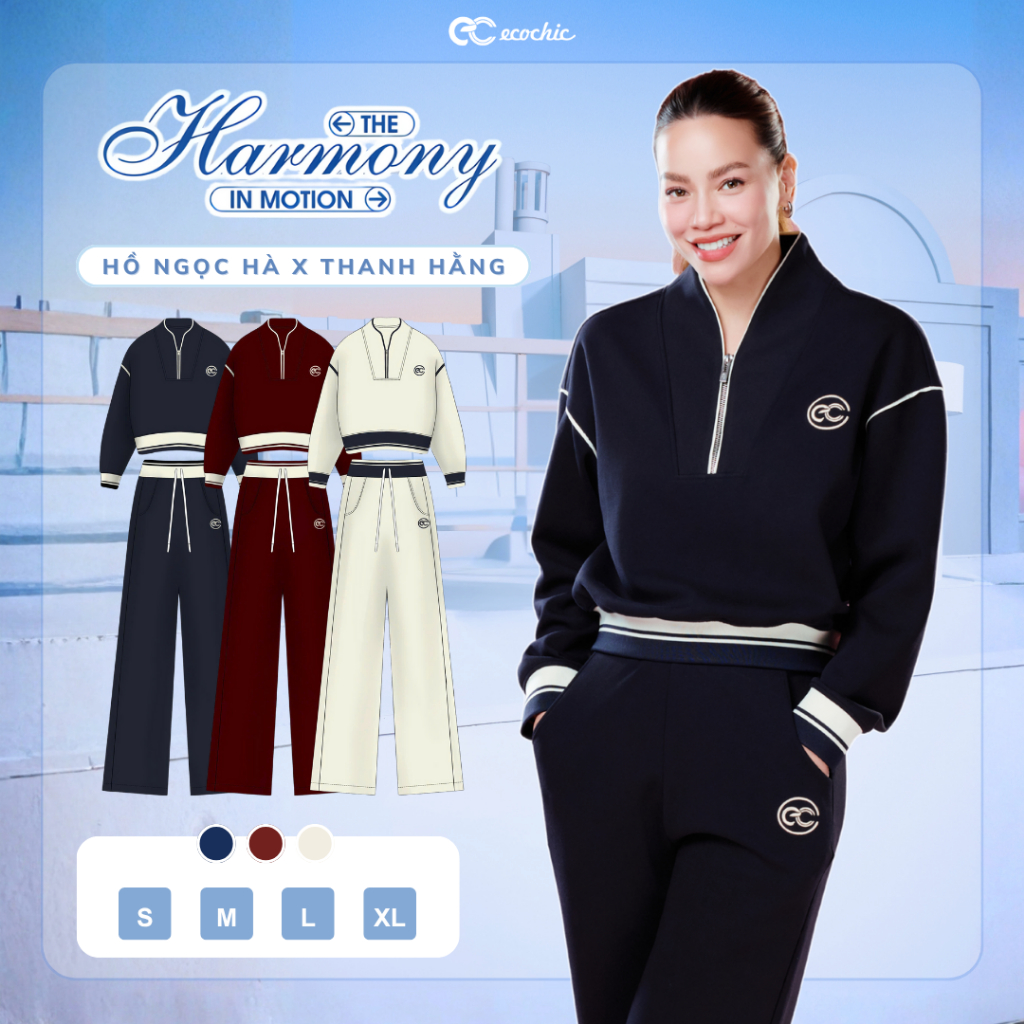 Set Bộ ECOCHIC Áo Crop Nỉ Mịn Cổ Khoá Zip Quần Ống Suông Cao Cấp Mềm Mịn Chính Hãng HNH B205