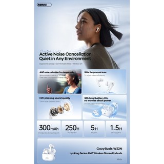 Tai nghe Bluetooth TWS Remax Cozybuds W22N Phiên bản V5.4, Chống ồn ANC, Pin dùng 5H (Trắng) - Hàng Chính Hãng