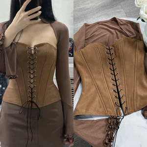 Áo corset da lộn và áo khoác ngoài tay loe màu nâu tây bán rời m340 m341