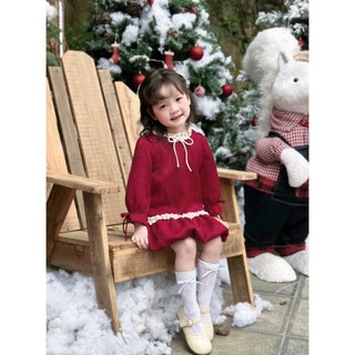 Váy Noel Bé Gái Tone đỏ công chúa SCEKIDS size 8-27kg tay dài phối ren trắng Chất liệu dạ text cao cấp
