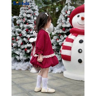 Váy Noel Bé Gái Tone đỏ công chúa SCEKIDS size 8-27kg tay dài phối ren trắng Chất liệu dạ text cao cấp
