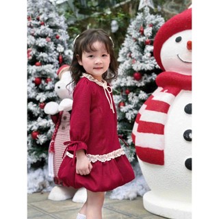 Váy Noel Bé Gái Tone đỏ công chúa SCEKIDS size 8-27kg tay dài phối ren trắng Chất liệu dạ text cao cấp