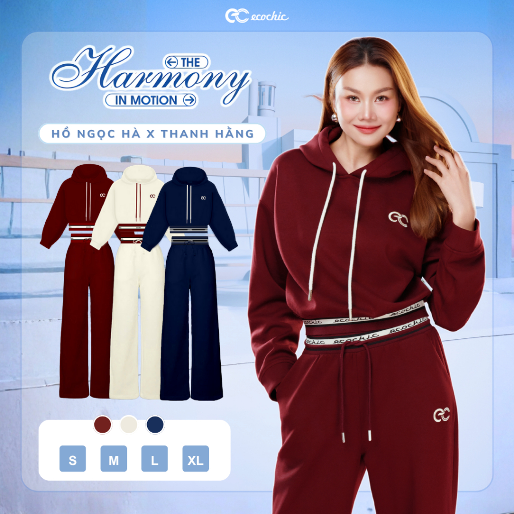 Set Bộ ECOCHIC Áo Hoodie Ngắn Nỉ Mịn Phối Viền Quần Suông Dài Basic Cao Cấp Mềm Mịn Chính Hãng HNH B204