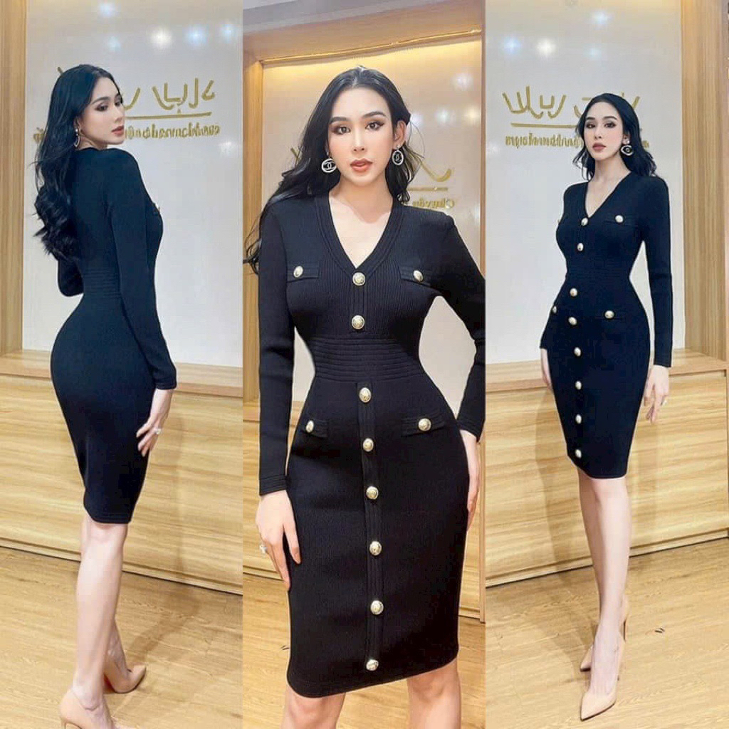 Đầm body len nút tay dài sieu cap màu đỏ đen