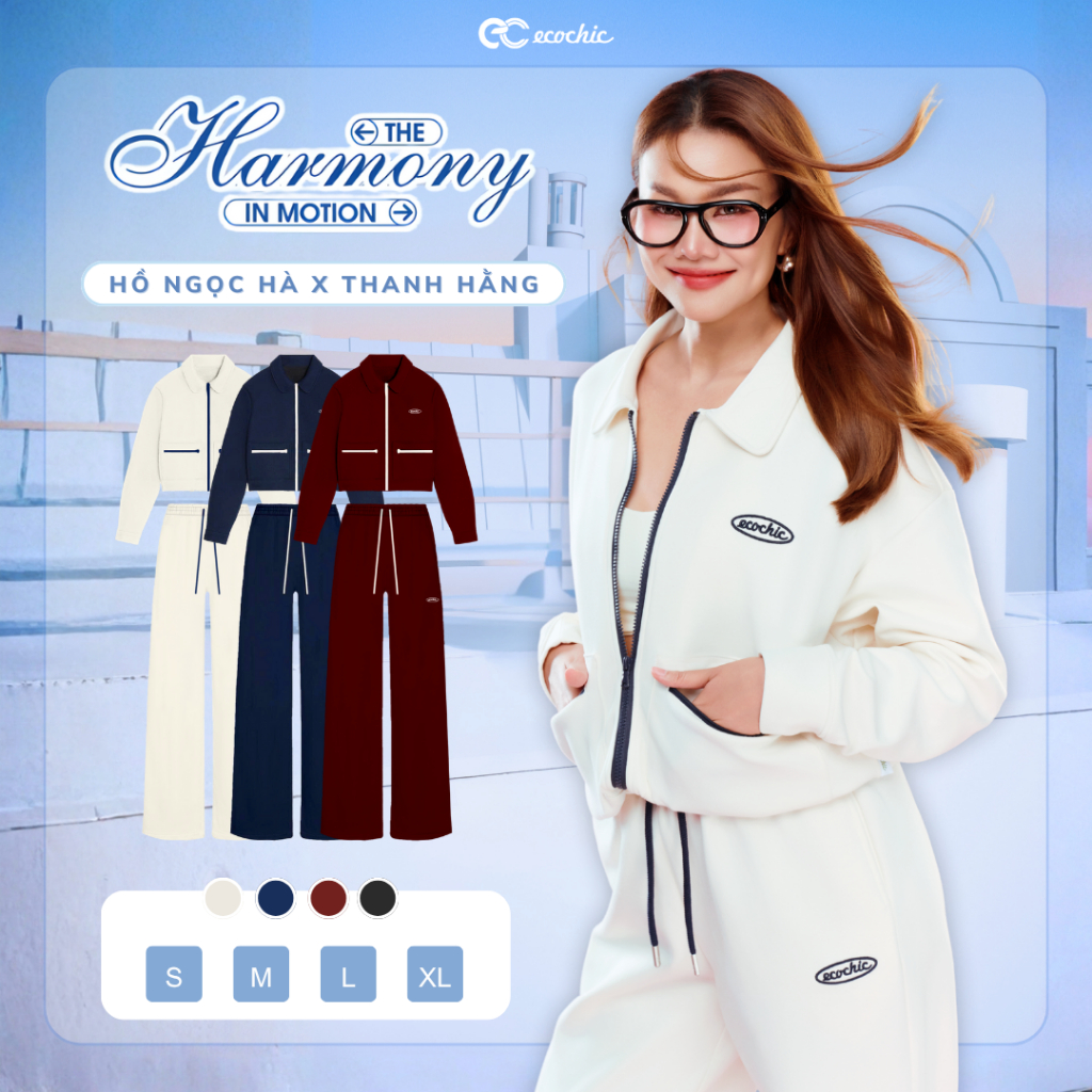 Set Bộ ECOCHIC Áo Cổ Polo Khoá Zip Quần Suông dài Basic Cao Cấp Mềm Mịn Chính Hãng HNH B206