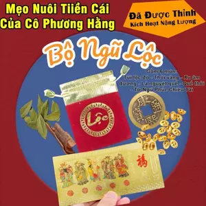 Bộ Ngũ Lộc 6 Món Phong Thủy - Túi Nhung, Vàng Thỏi, Xu Âm Dương, Lá Thanh Quế, Tờ Ngũ Phúc, Chỉ Đỏ