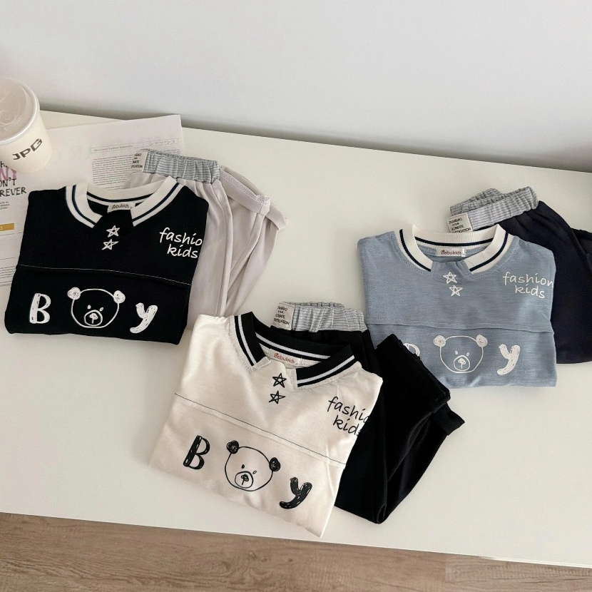 Set bộ dài tay bé trai thu đông hoạ tiết gấu cute, chất vải cotton mềm mịn co giãn Miniumbaby SB2045