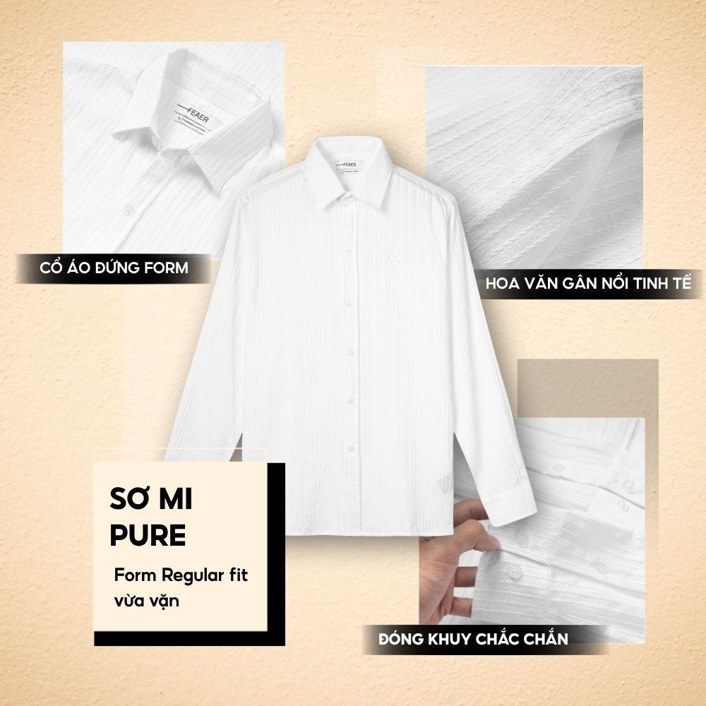 Áo sơ mi PURE tay dài trắng lịch lãm vải gân nổi tinh tế chống nhăn thoáng mát cao cấp cho nam công sở, hiện đại - FEAER