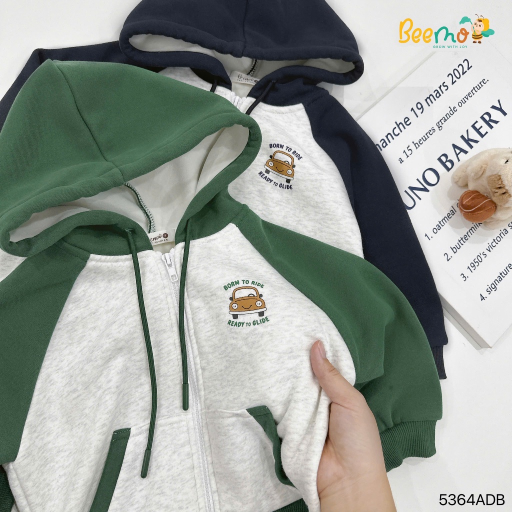 Áo khoác hoddies in ô tô lót nhung dày ấm cho bé, áo khoác kéo khoá nỉ 2 da có lót nhung 5364ADB