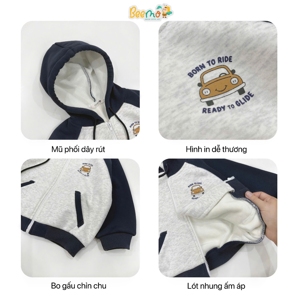 Áo khoác hoddies in ô tô lót nhung dày ấm cho bé, áo khoác kéo khoá nỉ 2 da có lót nhung 5364ADB