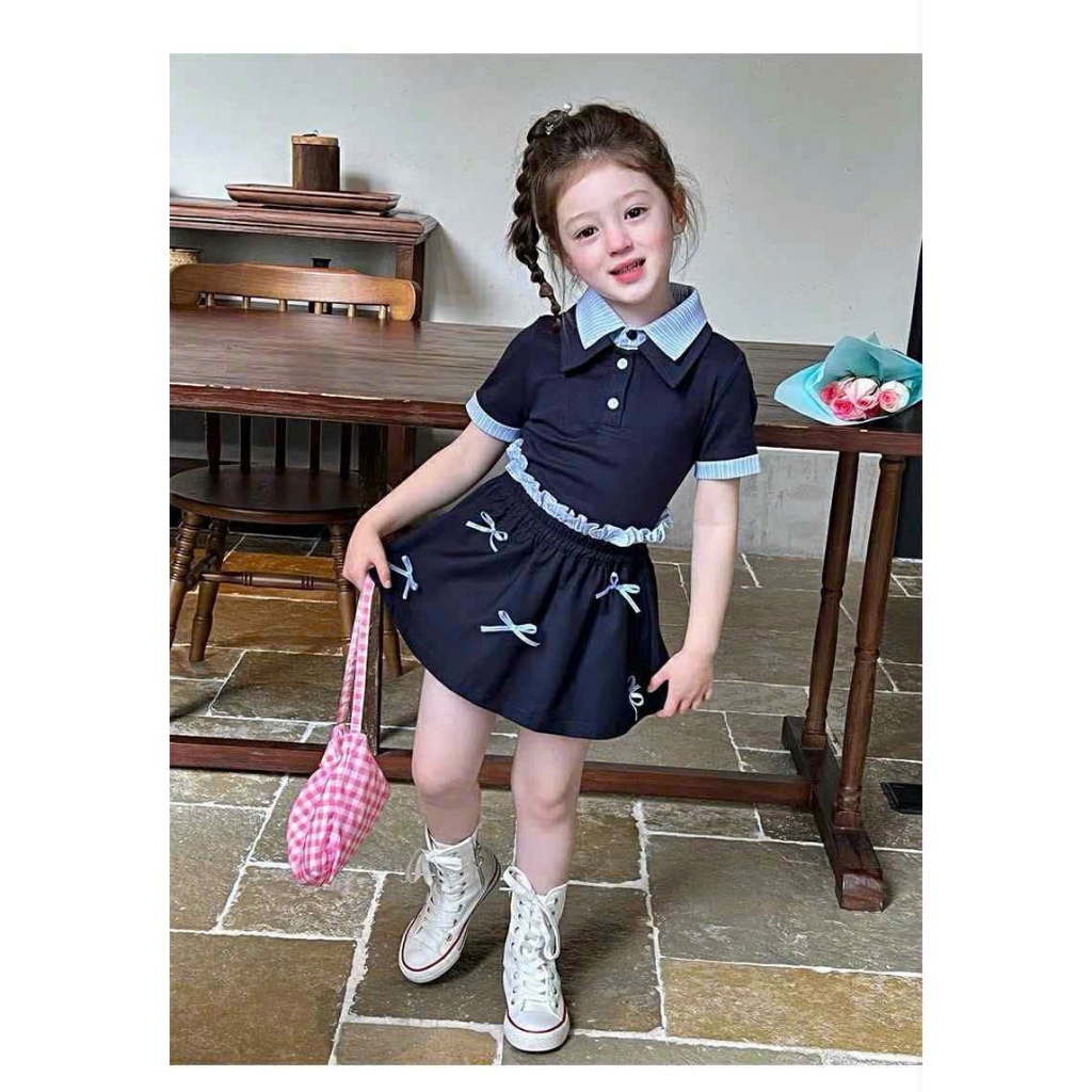 (Bon Kids) Sét Bộ Áo PoLo Kẻ Sọc  Chân Váy Tùng Bí Đính Nơ Cho Bé Gái