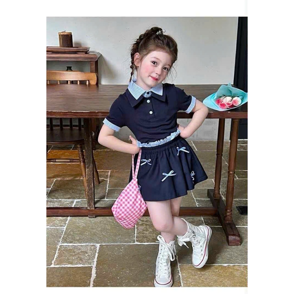(Bon Kids) Sét Bộ Áo PoLo Kẻ Sọc  Chân Váy Tùng Bí Đính Nơ Cho Bé Gái