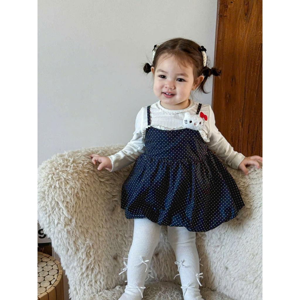 (Bon Kids) Sét Áo Giữ Nhiệt Dài Tay Yếm Váy Chấm Bi ( Kèm Gấu ) Cho Bé Gái