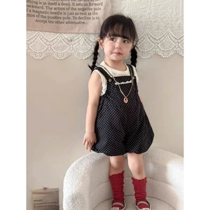 Set Yếm Chấm Bi Mix Áo Trắng Phong Cách Hàn Quốc Cho Bé Gái 6-18kg