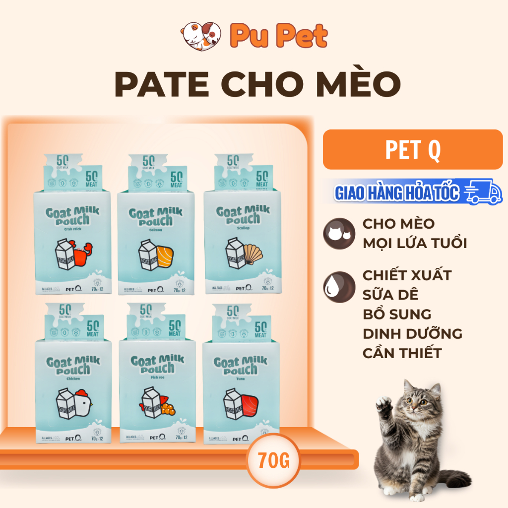 Pate cho mèo sữa dê PetQ cao cấp, 50% thịt 50% sữa dê, bổ sung nước, dinh dưỡng cao