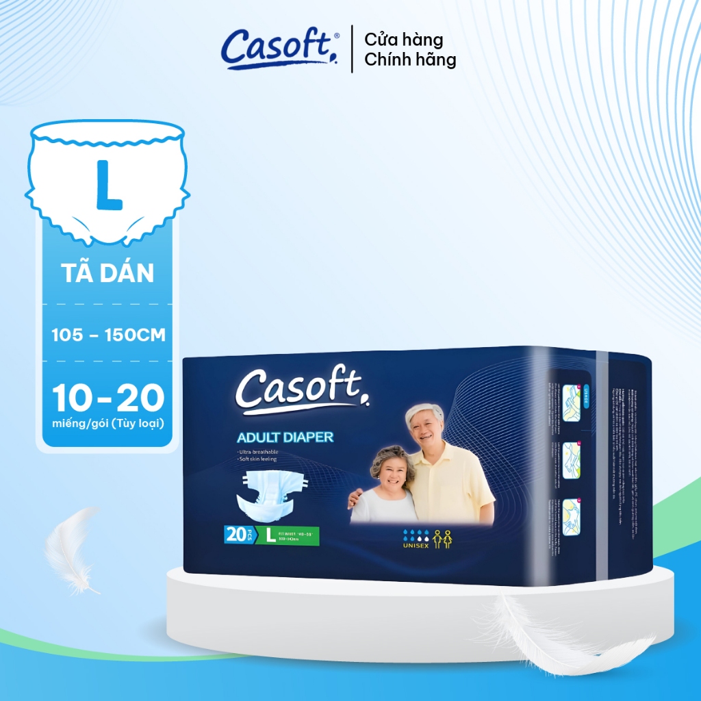 Tã Dán Người Lớn Casoft – Siêu Thấm Hút, Chống Tràn Kép, Thoáng Khí Đa Chiều Size L x10-20 miếng