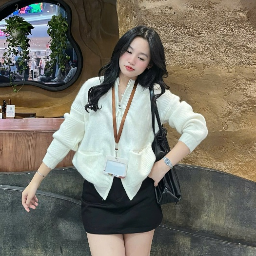 Áo Khoác Cardigan Len Lông Thỏ Nữ Tay Dài Túi Ngang Kéo Khóa Joolate Áo Len Dáng Rộng Mặc Thu Đông 7703 P3K6