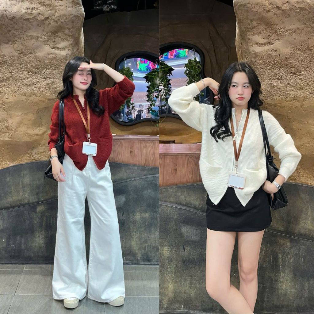 Áo Khoác Cardigan Len Lông Thỏ Nữ Tay Dài Túi Ngang Kéo Khóa Joolate Áo Len Dáng Rộng Mặc Thu Đông 7703 P3K6