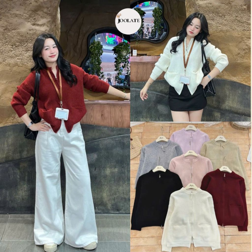 Áo Khoác Cardigan Len Lông Thỏ Nữ Tay Dài Túi Ngang Kéo Khóa Joolate Áo Len Dáng Rộng Mặc Thu Đông 7703 P3K6