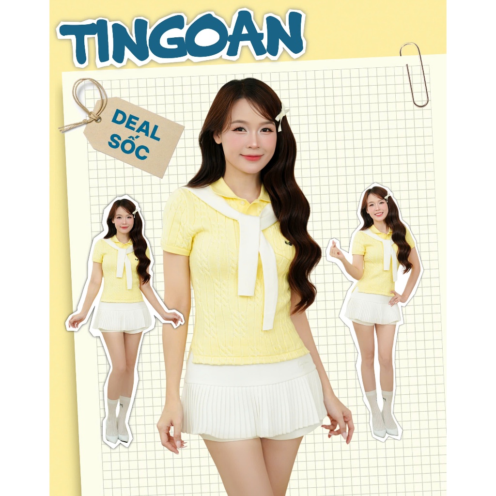TINGOAN® - Áo len xù POLO cổ bẻ vàng phối túi ngực (không bao gồm khăn choàng cổ) POLO BABY TOP/YL