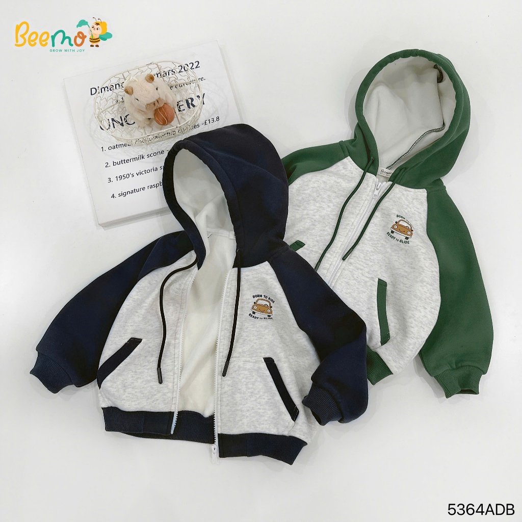 Áo khoác hoddies in ô tô lót nhung dày ấm cho bé, áo khoác kéo khoá nỉ 2 da có lót nhung 5364ADB