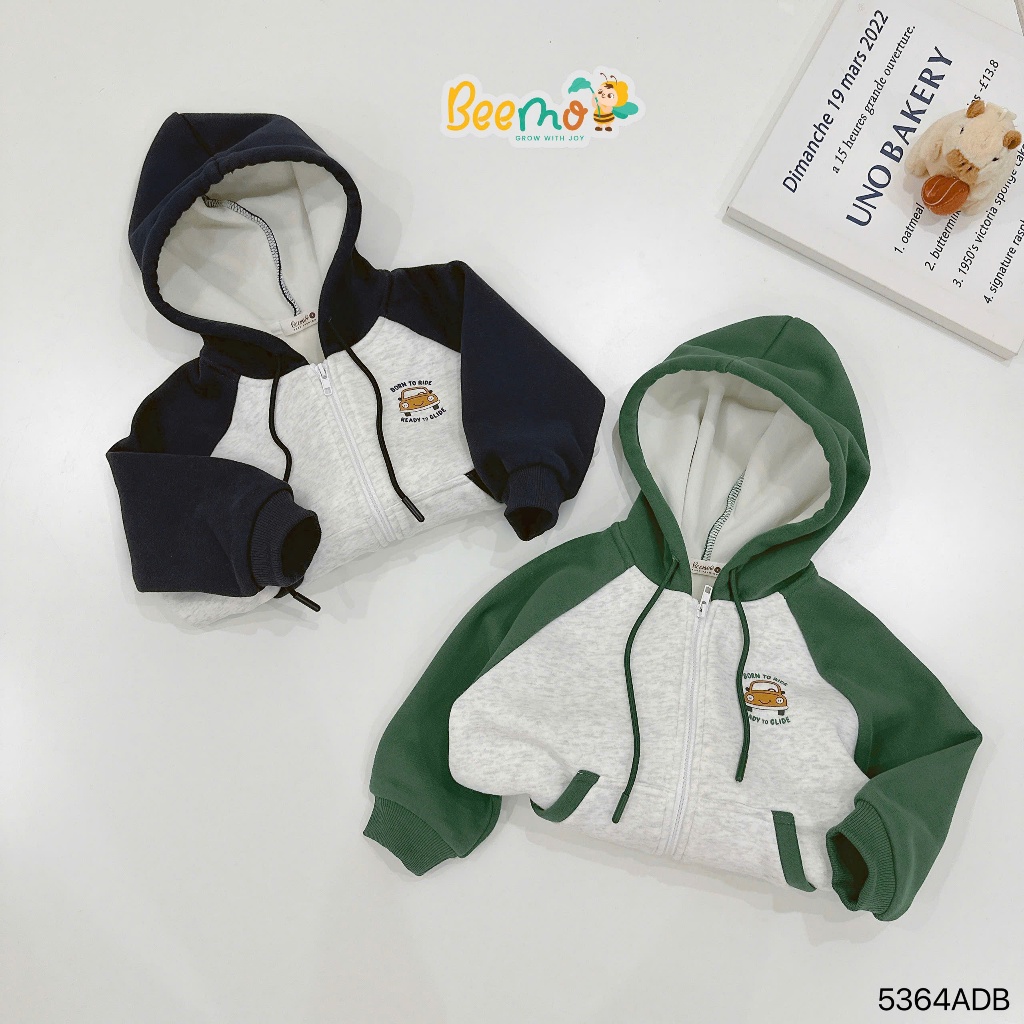 Áo khoác hoddies in ô tô lót nhung dày ấm cho bé, áo khoác kéo khoá nỉ 2 da có lót nhung 5364ADB