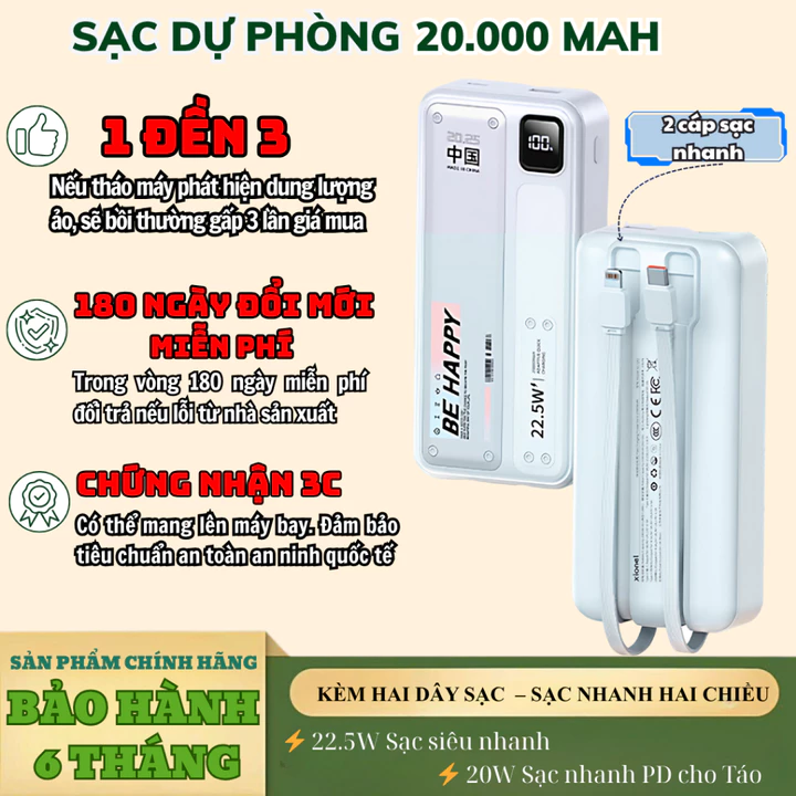 [Sạc dự phòng 3C Mang Lên Máy Bay] Sạc dự phòng 20.000mah - 2 dây sạc - màn LED có thông số pin