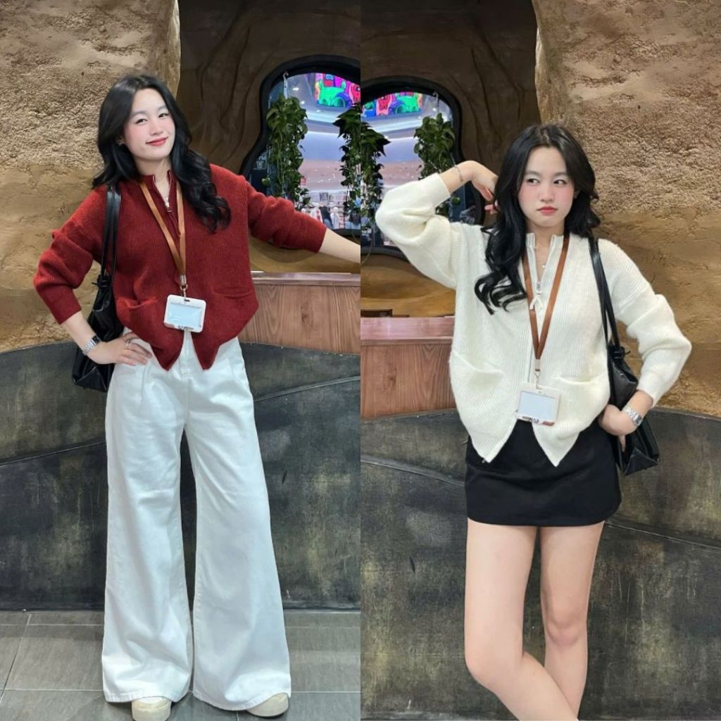 Áo Khoác Cardigan Len Lông Thỏ Nữ Tay Dài Túi Ngang Kéo Khóa Joolate Áo Len Dáng Rộng Mặc Thu Đông 7703 P3K6
