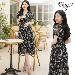 Đầm Đi Chơi Thiết Kế EMY Thời Trang Cao Cấp EM9713 Vải Voan Tơ Thêu Sang Chảnh Thanh Lịch Trung Niên