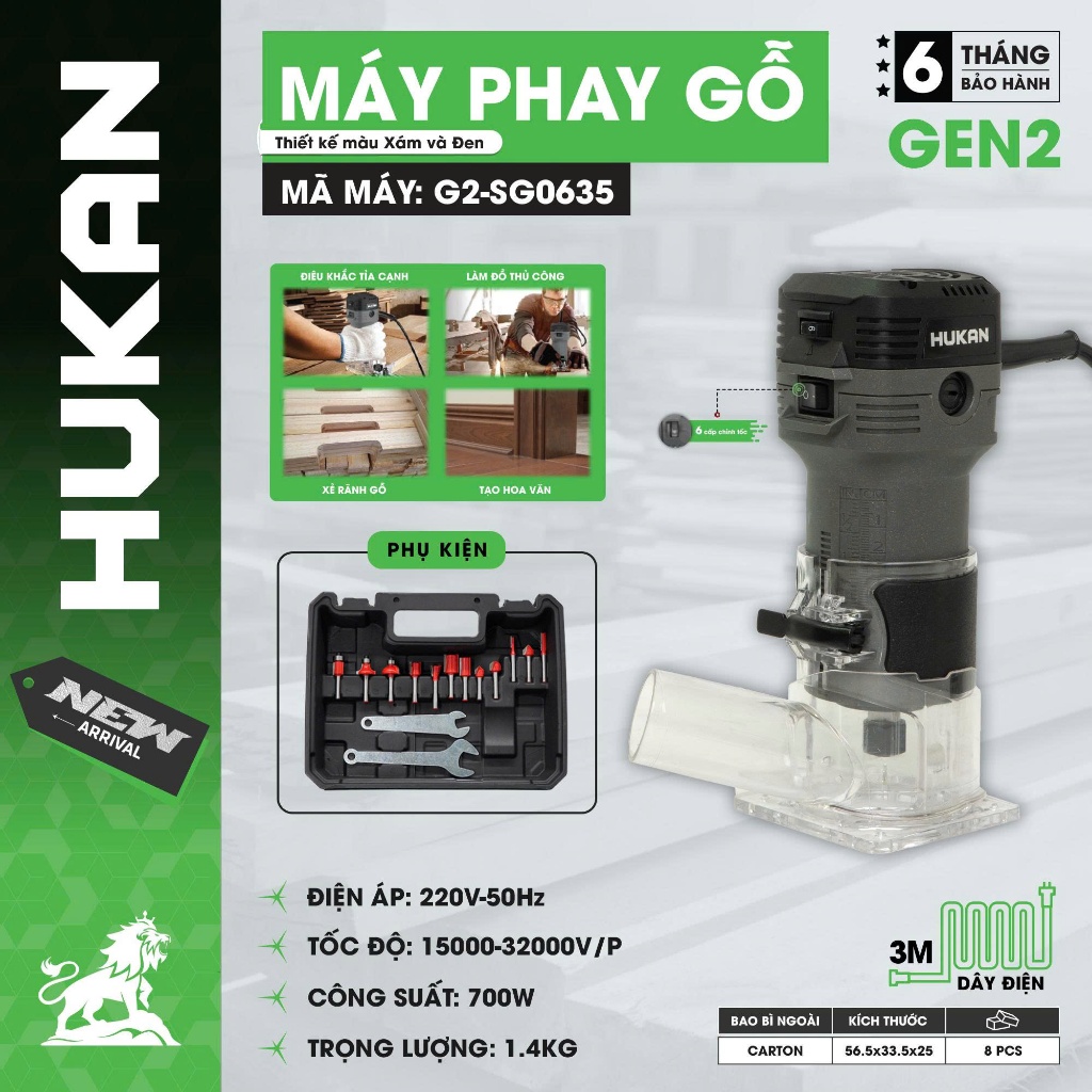 Máy Phay Gỗ (Gen 2) G2-SG0635 | Công suất: 700W - Điều chỉnh 6 cấp - Đường kính Ø1/4" : 6,35mm -Tốc độ : 15000 - 32000/m