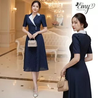 Đầm Công Sở Thiết Kế EMY Thời Trang Cao Cấp EM4059 Vải Tuypsi Xước Xanh Đen Sang Chảnh Đi Tiệc