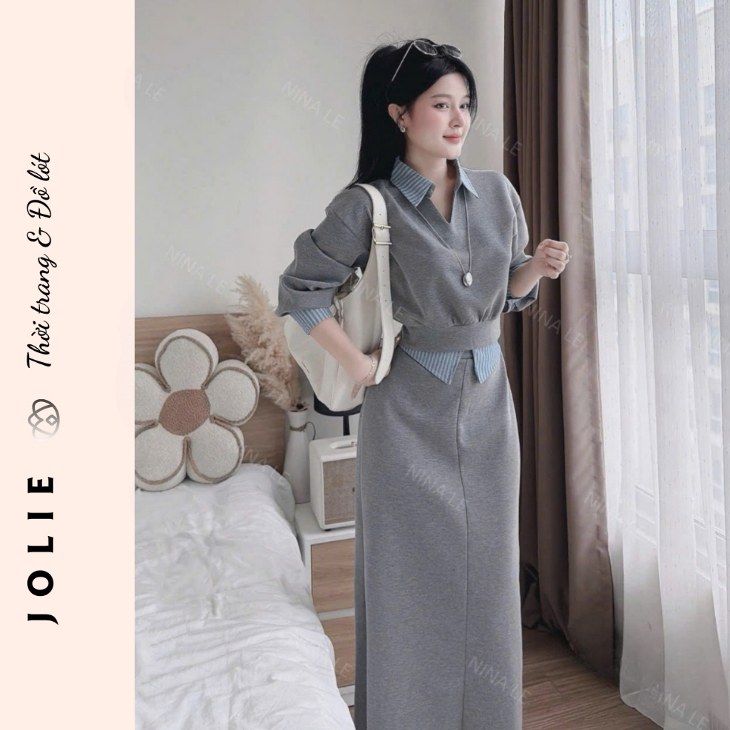 Đầm Nữ Suông Dài Giả Hai Chi Tiết Cổ Polo Tay Lỡ Phối Sọc Kẻ Chất Vải Cotton/Umi Cao Cấp