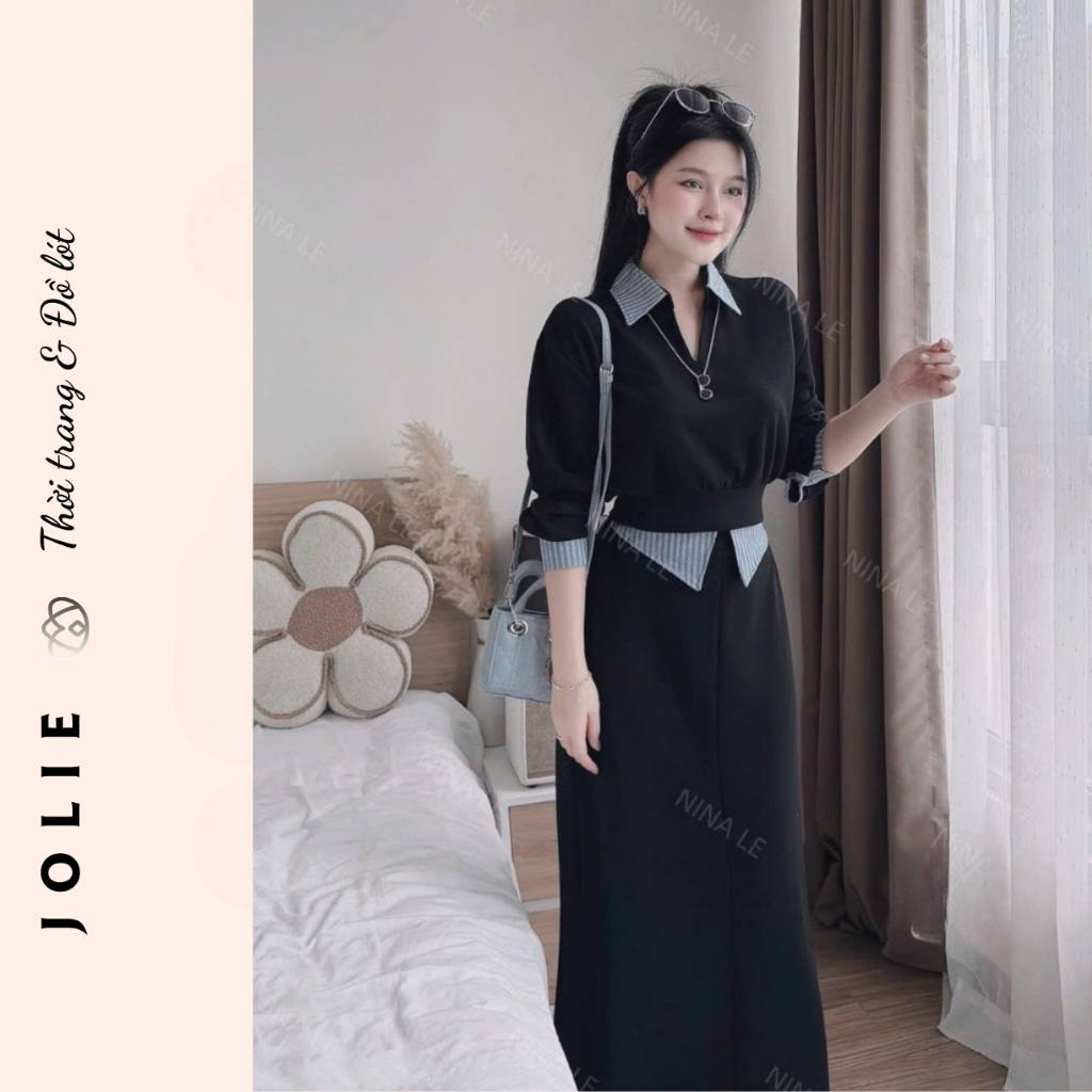 Đầm Nữ Suông Dài Giả Hai Chi Tiết Cổ Polo Tay Lỡ Phối Sọc Kẻ Chất Vải Cotton/Umi Cao Cấp