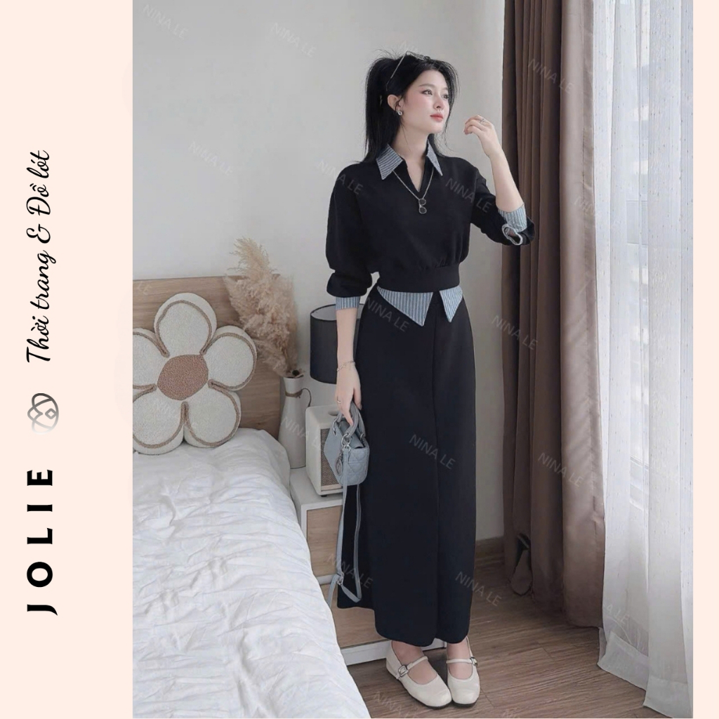 Đầm Nữ Suông Dài Giả Hai Chi Tiết Cổ Polo Tay Lỡ Phối Sọc Kẻ Chất Vải Cotton/Umi Cao Cấp