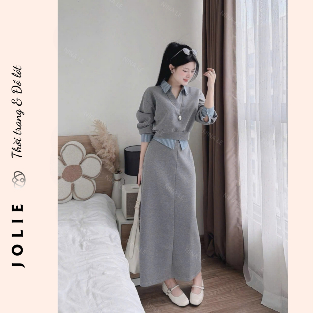 Đầm Nữ Suông Dài Giả Hai Chi Tiết Cổ Polo Tay Lỡ Phối Sọc Kẻ Chất Vải Cotton/Umi Cao Cấp
