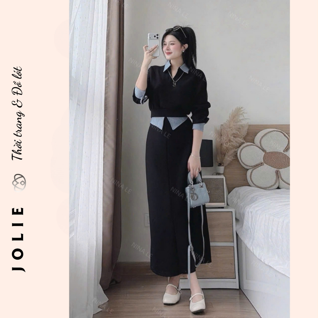 Đầm Nữ Suông Dài Giả Hai Chi Tiết Cổ Polo Tay Lỡ Phối Sọc Kẻ Chất Vải Cotton/Umi Cao Cấp