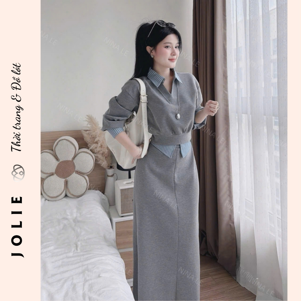 Đầm Nữ Suông Dài Giả Hai Chi Tiết Cổ Polo Tay Lỡ Phối Sọc Kẻ Chất Vải Cotton/Umi Cao Cấp