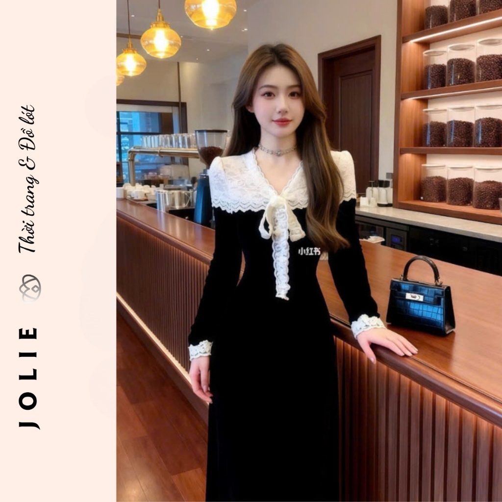 Đầm Nữ Nhung Đen Dáng Dài Vintage Cổ V Phối Ren Trắng Thắt Nơ Tiểu Thư Lãng Mạn