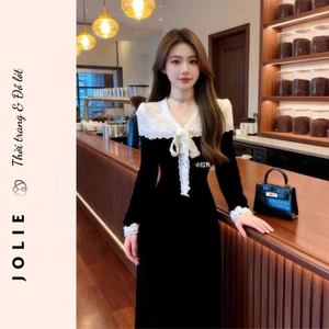 Đầm Nữ Nhung Đen Dáng Dài Vintage Cổ V Phối Ren Trắng Thắt Nơ Tiểu Thư Lãng Mạn