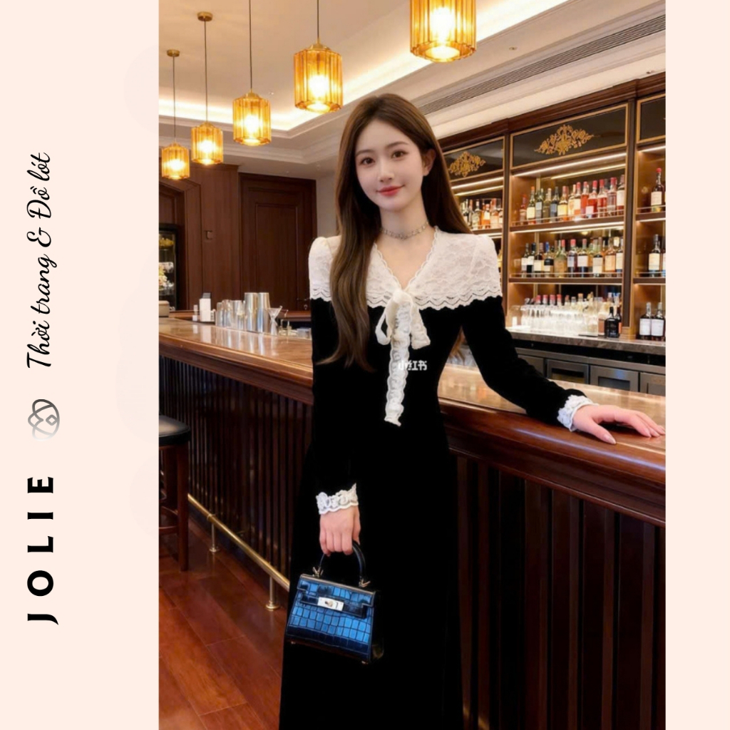 Đầm Nữ Nhung Đen Dáng Dài Vintage Cổ V Phối Ren Trắng Thắt Nơ Tiểu Thư Lãng Mạn