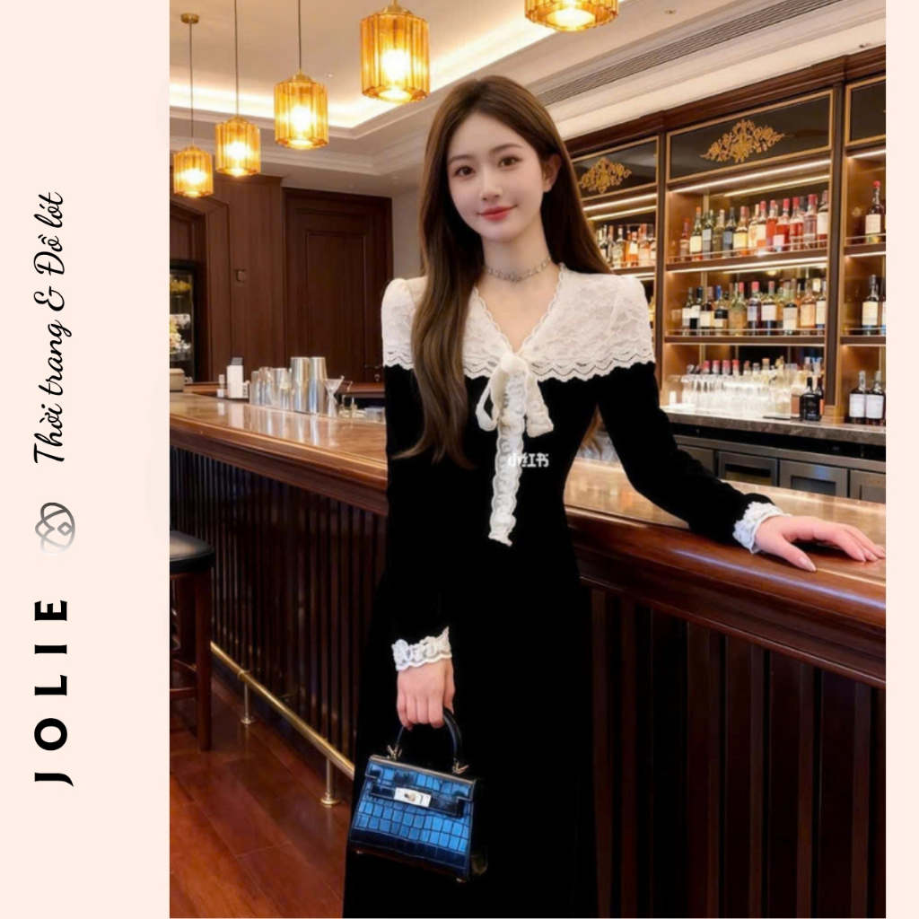 Đầm Nữ Nhung Đen Dáng Dài Vintage Cổ V Phối Ren Trắng Thắt Nơ Tiểu Thư Lãng Mạn